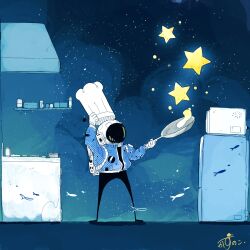 1other absurdres arm_up astronaut blue_theme chef_hat cooking fish flipping_food food frying_pan hand_up hat helmet highres holding holding_frying_pan holding_unworn_clothes holding_unworn_hat kazunoko_(kazunoko_zunoco) kitchen light_particles microwave mini_person original putting_on_headwear refrigerator salt_shaker solo space_helmet spot_color standing star_(symbol) stove surreal unworn_hat unworn_headwear