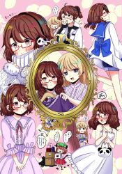 4girls alternate_costume alternate_hairstyle animal_ears bag black_shirt blonde_hair blue_bow blue_collar blue_shirt blue_tabard blush bow box brown_eyes brown_hair cat cat_ears cat_girl cat_tail chen chibi closed_eyes collar commentary_request curtains denim denim_shorts dress earrings fox_girl fox_tail frilled_collar frilled_shirt frills fruit_background fur-trimmed_sleeves fur_trim green_hat grey_eyes hair_bow hair_ornament handbag hat highres holding holding_unworn_clothes holding_unworn_dress jacket jewelry kuronon long_hair medium_hair mob_cap money_bag multiple_girls multiple_tails multiple_views open_mouth panda_hair_ornament paw_print picture_frame pink_background pink_shirt ponytail purple_shirt purple_skirt red-framed_eyewear red_skirt shirt shorts skirt sparkle striped_clothes striped_shirt sundress surprised sweatdrop sweater tabard tail touhou twintails unworn_dress usami_sumireko white_bow white_dress white_hat white_jacket white_shirt white_sweater yakumo_ran yakumo_yukari