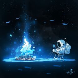 1other air_bubble artist_name astronaut backpack bag bubble campfire chair coffee coffee_mug commentary cup dark drink fish flying_fish folding_chair gloves glowing glowing_liquid grass helmet highres holding holding_cup holding_drink kazunoko_(kazunoko_zunoco) mug night night_sky on_chair original other_focus outdoors radio_antenna signature sitting sky solo space_helmet spacesuit star_(sky) starry_sky steam water white_gloves