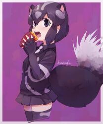 1girl animal_ears artist_name black_eyes black_gloves black_hair black_shirt black_skirt black_thighhighs black_vest blush border breasts commentary_request cowboy_shot eating elbow_gloves fangs food gloves hair_between_eyes hanada_(cobalt003) holding kemono_friends looking_at_viewer multicolored_hair necktie open_mouth pleated_skirt purple_background roasted_sweet_potato shirt short_hair short_sleeves simple_background skirt skunk_ears skunk_girl skunk_tail solo spotted_skunk_(kemono_friends) standing sweet_potato tail teeth thighhighs upper_teeth_only vest white_border white_hair white_necktie zettai_ryouiki