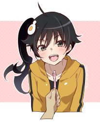 1boy 1girl :d absurdres ahoge araragi_karen araragi_koyomi black_eyes black_hair black_shirt blush commentary_request cropped_torso egg_hair_ornament food-themed_hair_ornament fried_egg hair_between_eyes hair_ornament highres holding holding_toothbrush hood hood_down hooded_jacket jacket long_hair looking_at_viewer manimani_(mani_ma) monogatari_(series) nisemonogatari open_mouth pov pov_hands shirt side_ponytail smile solo_focus sweat toothbrush track_jacket upper_body yellow_jacket