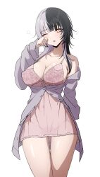 Rule 34 | 1girl, absurdres, alternate costume, black hair, breasts, cleavage, commentary, covered navel, daydarion, english commentary, grey hair, grey shirt, highres, hololive, hololive english, large breasts, long hair, multicolored hair, nightgown, one eye closed, oversized clothes, parted lips, pink nightgown, shiori novella, shirt, simple background, sleepy, solo, split-color hair, two-tone hair, virtual youtuber, white background, yellow eyes