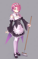 1girl apron bare_shoulders black_dress black_ribbon black_shoes bow breasts broom cleavage commentary_request detached_collar detached_sleeves dress female_focus frilled_apron frilled_dress frilled_sleeves frills full_body grey_background hair_ornament hair_over_one_eye hair_ribbon holding holding_broom juliet_sleeves long_sleeves looking_at_viewer maid maid_headdress mary_janes matching_hair/eyes neck_ribbon pantyhose pink_eyes pink_hair puffy_sleeves purea purple_ribbon ram_(re:zero) re:zero_kara_hajimeru_isekai_seikatsu ribbon ribbon-trimmed_sleeves ribbon_trim roswaal_mansion_maid_uniform shoes short_hair simple_background small_breasts solo standing waist_apron white_apron white_pantyhose wide_sleeves x_hair_ornament