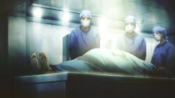 1girl 3boys autopsy bar_counter blanket bloated chaos;child corpse covered_face feet film_grain game_cg glasses green_blanket hat highres hospital mask medical_scrubs morgue mouth_mask multiple_boys nurse nurse_cap official_art operating_table operatory_light sasaki_mutsumi soles surgeon surgical_cap surgical_light surgical_mask table toes watabe_tomoaki