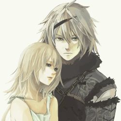 1boy 1girl brother_and_sister closed_mouth dress hair_ornament kuromu_(kaeru) looking_at_viewer medium_hair nier nier_(brother) nier_(brother)_(post_timeskip) nier_(series) siblings simple_background white_hair yonah