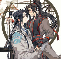 Rule 34 | 2boys, ahoge, black hair, black hanfu, blurry, blurry foreground, branch, chinese clothes, closed mouth, couple, eye contact, flower, hair ribbon, hand up, hanfu, headband, high ponytail, highres, holding, holding ribbon, hug, indoors, lan wangji, lattice, long hair, long sleeves, looking at another, male focus, modao zushi, multiple boys, parted lips, ponytail, purple eyes, red ribbon, ribbon, robe, ronpu cooing, round window, sash, sidelocks, sitting, sitting on lap, sitting on person, sleeves past wrists, smile, topknot, tunic, upper body, wei wuxian, white flower, white hanfu, white headband, wide sleeves, window, xiao guan (headdress), yaoi, yellow eyes