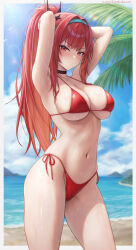 1girl armpits arms_up beach bikini black_choker black_horns blue_sky blush border breasts choker cleavage closed_mouth cloud cloudy_sky commentary_request cowboy_shot day goddess_of_victory:_nikke green_hairband hair_intakes hair_ornament hairband highleg highleg_bikini highres horns kinoko_kun large_breasts lens_flare light_rays long_hair looking_at_viewer mechanical_horns navel ocean official_alternate_costume outdoors outside_border paid_reward_available palm_leaf ponytail rapi_(nikke) rapi_(red_hood)_(nikke) rapi_(red_hood)_(red_flavor)_(nikke) red_bikini red_eyes red_hair shore side-tie_bikini_bottom sky smile solo standing stomach string_bikini sunbeam sunlight swimsuit twitter_username underboob v-shaped_eyebrows very_long_hair water_drop wet white_border