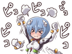 &gt;_&lt; ... 1girl :t angry ayanami_rei blue_hair blush bodysuit breasts commentary fujitaka_nasu hair_between_eyes hair_ornament mecha_pilot_suit neon_genesis_evangelion plugsuit_(evangelion) short_hair simple_background small_breasts solo standing translated white_background white_bodysuit