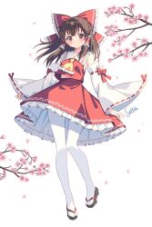 1girl absurdres artist_name ascot blush bow brown_eyes brown_hair cherry_blossoms closed_mouth commentary detached_sleeves falling_petals flower frilled_bow frilled_hair_tubes frilled_skirt frills full_body geta hair_bow hair_tubes hakurei_reimu highres long_hair looking_at_viewer pantyhose petals pink_flower pink_petals red_bow red_skirt ribbon-trimmed_sleeves ribbon_trim setteiset signature skirt skirt_set solo touhou white_pantyhose yellow_ascot