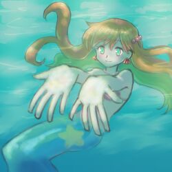 1girl bikini blush breasts bubble earrings gen_1_pokemon green_eyes hair_ornament highres jewelry legs long_hair mermaid mermaid_misty_(pokemon) misty_(pokemon) monster_girl monsterification necklace nintendo nude orange_hair pokemon pokemon_(anime) pokemon_(classic_anime) pokemon_rgby seashell shell shell_bikini smile solo staryu swimsuit underwater water