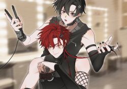 2boys alternate_costume asymmetrical_gloves bare_shoulders black_choker black_eyes black_gloves black_hair black_hoodie black_nails black_shirt blurry blurry_background bracelet cheng_xiaoshi chinese_commentary choker closed_mouth cup ear_piercing earrings elbow_gloves fingerless_gloves fishnet_gloves fishnets gloves hair_between_eyes hair_down hair_ornament hairclip highres holding holding_another&#039;s_hair holding_cup holding_curling_iron hood hood_down hoodie jewelry li323213 long_hair looking_at_viewer male_focus multiple_boys nail_polish one_eye_closed open_mouth photo_background piercing red_eyes red_hair ring shiguang_dailiren shirt short_hair single_earring sleeveless sleeveless_hoodie sleeveless_shirt smile spiked_bracelet spikes tassel tassel_earrings torn_clothes turtleneck upper_body xiao_weiying yaoi zipper zipper_pull_tab
