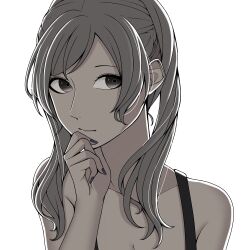 1girl ao_saryaruhu arm_at_side armpit_crease bare_arms bare_shoulders black_nails breasts brown_eyes cleavage collarbone expressionless eyelashes female_focus fingernails fire_emblem fire_emblem_awakening hand_on_own_chin hand_up highres lips long_hair looking_at_viewer medium_breasts nail_polish neck nintendo no_coat robin_(female)_(fire_emblem) robin_(fire_emblem) shirt sidelocks sideways_glance simple_background sleeveless sleeveless_shirt swept_bangs twintails upper_body white_background white_hair
