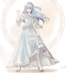 1boy alternate_costume blue_dress blue_eyes blue_flower blue_hair blue_rose clenched_hand crossdressing dress flower formal_clothes frilled_dress frills frown full_body hand_up high_heels long_dress long_hair male_focus mizuhara_aki mole mole_under_eye one_side_up pantyhose pisces_albafica rose saint_seiya skirt_hold solo standing trap v-shaped_eyebrows white_pantyhose