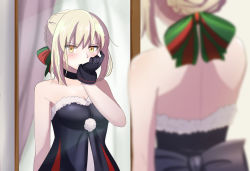 1girl artoria_pendragon_(fate) biting biting_glove black_choker black_gloves blonde_hair blurry blush braid breasts choker cleavage cowboy_shot dress fate/grand_order fate_(series) french_braid gloves hair_ribbon highres looking_at_viewer medium_breasts mirror multiple_views reflection ribbon saber_alter santa_alter sii_artatm strapless strapless_dress yellow_eyes