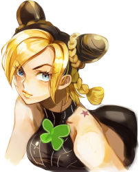 1girl apple972 bare_shoulders birthmark black_hair blonde_hair blue_eyes cone_hair_bun double_bun female_focus hair_bun inzup joestar_birthmark jojo_no_kimyou_na_bouken kuujou_jolyne lipstick makeup multicolored_hair solo star_(symbol) two-tone_hair yellow_lips