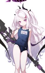 1girl absurdres ahoge bare_arms bare_legs bare_shoulders blue_archive blue_one-piece_swimsuit demon_horns demon_wings gun hair_ornament hairclip halo highres hina_(blue_archive) hina_(swimsuit)_(blue_archive) holding holding_gun holding_weapon horns hutao_jiazi long_hair looking_at_viewer low_wings machine_gun mg42 multiple_horns name_tag official_alternate_costume old_school_swimsuit one-piece_swimsuit parted_bangs purple_eyes school_swimsuit solo swimsuit very_long_hair weapon white_hair wings