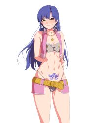 1girl absurdres arms_behind_back blue_hair blue_nails blush brown_eyes closed_mouth cowboy_shot cross cross_necklace flat_chest gold_belt highleg highres idolmaster idolmaster_(classic) idolmaster_2 jewelry kisaragi_chihaya kumako_(kumakonoh) lips long_hair looking_at_viewer luxury_(idolmaster) nail_polish navel necklace pink_diamond_765_(idolmaster) pubic_tattoo pussy_juice simple_background sleeveless solo standing steam stomach sweatdrop tattoo white_background