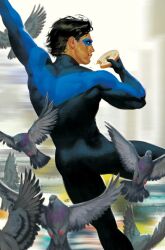 1boy batman_(series) bird black_bodysuit black_hair blue_bodysuit blue_mask bodysuit david_talaski day dc_comics dick_grayson domino_mask eating food highres holding holding_food mask nightwing outdoors pigeon short_hair solo two-tone_bodysuit
