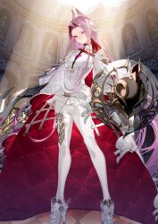 1girl armor boobplate breastplate breasts capelet chrysaor_(fate) closed_mouth crinoline curtained_hair dress expressionless fate/grand_order fate_(series) feet_out_of_frame game_cg hair_ornament head_tilt high-low_dress high_collar high_heels holding holding_shield holding_sword holding_weapon hotosoka legs_apart long_hair long_sidelocks long_sleeves looking_at_viewer medusa_(fate) medusa_(saber)_(fate) medusa_(saber)_(third_ascension)_(fate) official_art pants pink_hair puffy_long_sleeves puffy_sleeves purple_eyes purple_hair red_capelet red_dress shield sidelocks small_breasts solo standing sword third-party_source two-sided_capelet two-sided_dress two-sided_fabric underbust variant_set very_long_hair very_long_sidelocks weapon white_capelet white_dress white_pants