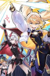 3girls :d absurdres arm_strap armor armored_bodysuit armored_gloves armored_leotard armpits bandaid bandaid_on_cheek bandaid_on_face black_bodysuit black_gloves black_leotard black_skirt black_sports_bra blonde_hair blue_armor blue_eyes blurry bodysuit breasts cape chest_harness cleavage clenched_hand closed_eyes coat cowboy_shot depth_of_field drake_(nikke) dress dutch_angle earrings elbow_gloves emphasis_lines fangs gloves goddess_of_victory:_nikke grin groin hair_between_eyes hair_intakes hair_ornament harness highleg highleg_leotard highres index_finger_raised jewelry laplace_(nikke) large_breasts leotard long_hair looking_at_viewer matis_(nikke) maxwell_(nikke) midriff miniskirt multiple_girls necklace ninney5 official_alternate_costume open_clothes open_coat open_mouth parted_bangs pleated_skirt pointing pointing_up ponytail red_cape red_eyes short_hair short_ponytail sidelocks skindentation skirt sleeveless sleeveless_dress small_breasts smile sparkle sports_bra standing star_(symbol) sunglasses teeth twintails two-tone_gloves unzipped visor_lift white_coat white_dress white_hair white_sports_bra