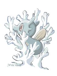 animal_focus character_name commentary coral fish from_side gen_1_pokemon horsea looking_to_the_side muted_color nintendo no_humans no_mouth pokedex_number pokemon pokemon_(creature) red_eyes seahorse simple_background solo tamio1724 white_background