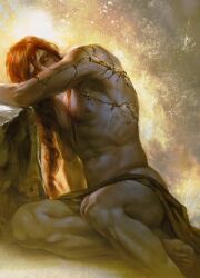 1boy barefoot braid colored_skin covering_own_mouth cracked_skin elden_ring feet full_body grey_skin loincloth long_hair muscular muscular_male radagon_of_the_golden_order red_hair simple_background single_braid solo tears topless_male vale_lacroix yellow_eyes