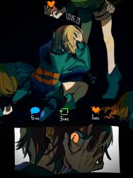 5others back blue_sweater brown_hair brown_shorts chara_(undertale) english_text frisk_(undertale) green_sweater hands_on_own_head highres matu_(t_iyou8) multiple_others orange_eyes other_focus short_hair shorts sitting standing sweater undertale wariza