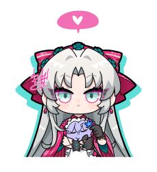 1girl animalization aqua_eyes black_gloves bow cantarella_(wuthering_waves) carlotta_(wuthering_waves) closed_mouth commentary cropped_torso dog-san earrings gloves grey_hair hair_bow heart highres jacket jewelry long_hair looking_at_viewer parted_bangs pink_bow pink_jacket sidelocks simple_background smile solo spoken_heart straight-on striped_bow symbol-only_commentary white_background wuthering_waves
