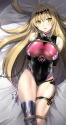 1girl arms_behind_back bare_shoulders bdsm black_leotard blonde_hair bondage bound bound_arms bound_legs breasts chain dated detached_sleeves female_focus from_above hair_between_eyes head_tilt highres large_breasts leotard light_particles long_hair looking_at_viewer lying on_back open_mouth shade sheita shibari shibari_over_clothes shiny_clothes signature smile soccer_spirits solo thigh_gap thighs tiara uranus_(soccer_spirits) very_long_hair yellow_eyes