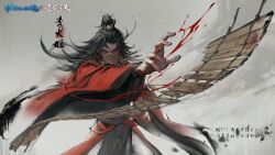 1boy bamboo_slips black_hair blood blood_spray chinese_clothes chinese_commentary chinese_text coin coin_mask copyright_name covered_mouth dao_gui_yi_xian faux_traditional_media floating floating_clothes floating_hair floating_object floating_weapon grey_background hair_bun hanfu highres holed_coin ink_wash_painting li_huowang long_hair long_sleeves looking_at_viewer male_focus mask mouth_veil official_art outstretched_arm outstretched_hand parted_lips red_eyes red_hanfu robe scroll single_hair_bun solo standing topknot upper_body veil wide_sleeves xiao_guan_(headdress) zhi_wen_jin_sheng_lian_cang_ming