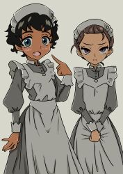 2girls absurdres apron arm_up black_hair blush brown_eyes commentary_request dark-skinned_female dark_skin fang grey_background gundam gundam_gquuuuuux highres kanchana looking_at_viewer maid maid_apron maid_headdress multiple_girls nozon_(nozon) open_mouth own_hands_together pointing pointing_at_self simple_background standing v-shaped_eyebrows vani_(gundam)