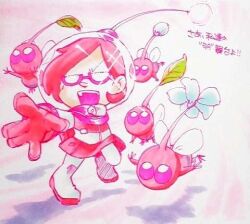 Rule 34 | 1girl, akira (8877ice), backpack, bag, blue flower, brittany (pikmin), bud, colored skin, commentary request, flower, flying, full body, furrowed brow, glasses, gloves, helmet, insect wings, leaf, leg up, lowres, miniskirt, nintendo, no mouth, opaque glasses, open mouth, outstretched hand, pikmin (creature), pikmin (series), pikmin 3, pink-framed eyewear, pink bag, pink eyes, pink gloves, pink hair, pink skin, pink skirt, pink theme, radio antenna, shadow, short hair, skirt, smile, solid circle eyes, space helmet, spacesuit, teeth, traditional media, translation request, triangular eyewear, upper teeth only, whistle, winged pikmin, wings