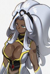 1girl animification blue_eyes bodysuit breasts cleavage dark-skinned_female dark_skin earrings highres jewelry large_breasts lightning_bolt_earrings lightning_bolt_symbol long_hair looking_at_viewer marvel marvel_tokon:_fighting_souls selvish94 smile solo storm_(x-men) superhero_costume very_dark_skin white_hair x-men