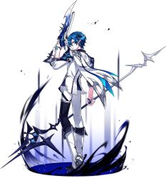 1boy armor armored_boots bandaged_fingers bandages blue_hair boots cape ciel_(elsword) closed_mouth collared_jacket cross cross_earrings cross_print cup dress_pants dual_persona earrings elsword fingerless_gloves from_behind full_body game_cg glaive_(polearm) gloves grey_boots hair_between_eyes high_heel_boots high_heels highres holding holding_cup holding_polearm holding_weapon hwansang jacket jewelry light_particles looking_at_viewer looking_back magic male_focus official_art pants pauldrons pointy_ears pointy_nose polearm second-party_source short_hair shoulder_armor single_fingerless_glove solo standing tachi-e transparent_background weapon white_cape white_gloves white_jacket white_pants