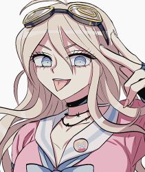 1girl antenna_hair barbed_wire black_choker blonde_hair blue_eyes breasts choker danganronpa_(series) danganronpa_v3:_killing_harmony eyelashes fingerless_gloves gloves goggles goggles_on_head hair_between_eyes iruma_miu large_breasts long_hair looking_at_viewer open_mouth pink_shirt portrait school_uniform shirt shju0101 smile tongue tongue_out white_background