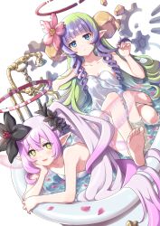 Rule 34 | 2girls, absurdres, ameth (princess connect!), asymmetrical hair, bath, black flower, blue eyes, blush, breasts, broken halo, collarbone, drill hair, drill sidelocks, fairy wings, feet, floating rock, flower, gears, green eyes, green hair, hair flower, hair ornament, halo, highres, long hair, multicolored hair, multiple girls, naked towel, partially submerged, petals, pink flower, pointy ears, princess connect!, purple hair, red halo, side ponytail, sidelocks, small breasts, soles, tia (princess connect!), toes, towel, tsukachii, two-tone hair, wings