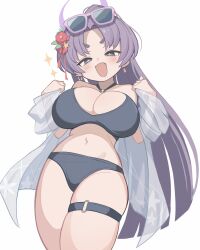 1girl absurdres bikini black_bikini blue_archive blush breasts cleavage earrings eyewear_on_head flower hair_flower hair_ornament halo highres jewelry ketsu_juuji_killer_(kejuki) large_breasts long_hair looking_at_viewer o-ring o-ring_bikini open_mouth ponytail purple_hair red_flower simple_background solo sparkle sunglasses swimsuit thigh_strap very_long_hair white_background yukari_(blue_archive) yukari_(swimsuit)_(blue_archive)