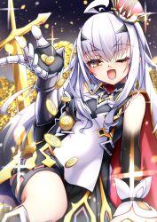 absurdres armor bare_shoulders black_skirt blush breasts coin crown detached_sleeves dress fate/grand_order fate_(series) forked_eyebrows gauntlets gold_coin gold_trim greaves highres long_hair looking_at_viewer melusine_(fate) melusine_(the_treasure)_(fate) one_eye_closed open_mouth pile_of_money r3_type short_dress sidelocks silver_trim single_gauntlet sitting skirt small_breasts smile sword tail treasure_chest weapon white_dress white_hair wings yellow_eyes