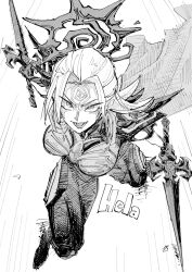 1girl breasts cape hela_(marvel) highres holding large_breasts long_hair looking_at_viewer marvel marvel_rivals monochrome simple_background smile solo superebiseeeen thor_(marvel)_(series) white_background