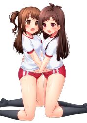 Rule 34 | 2girls, black socks, blunt ends, blush, breasts, brown eyes, brown hair, buruma, collarbone, commentary request, commission, fingering, foot out of frame, gym uniform, hair intakes, hand in another&#039;s panties, idolmaster, idolmaster cinderella girls, kneeling, long hair, medium breasts, multiple girls, mutual fingering, mutual masturbation, no shoes, one side up, open mouth, panties, pussy juice, red buruma, red eyes, shimamura uzuki, shirt, sidelocks, skeb commission, socks, sweat, textless version, tsujino akari, underwear, white panties, white shirt, yoyomura, yuri