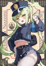 1girl armband bag black_jacket black_skirt blue_archive blue_armband commentary cropped_jacket earrings gloves green_hair green_halo halo hat highres jacket jewelry long_hair long_sleeves looking_at_viewer midriff miniskirt navel nozomi_(blue_archive) open_mouth pantyhose peaked_cap pleated_skirt pointy_ears shoulder_bag skirt solo thighband_pantyhose twintails very_long_hair white_gloves white_pantyhose xephonia yellow_eyes