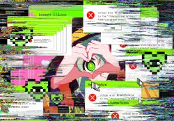 1girl black_hat commentary_request cursor english_text engrish_text error_message fingernails frilled_sleeves frills glitch gohan_uran green_eyes green_hair grin hair_between_eyes hands_up hat heart_hands_over_eye highres komeiji_koishi long_sleeves looking_at_viewer medium_hair microsoft_windows one_eye_covered partial_commentary portrait ranguage smile solo teeth touhou wide_sleeves