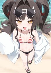 1girl :3 absurdres ahoge bare_shoulders beach bikini black_bikini black_hair blue_archive blush breasts coat commentary demon_girl demon_horns eyewear_on_head fang feet from_above hair_intakes halterneck highres horns kasumi_(blue_archive) kasumi_(swimsuit)_(blue_archive) loli long_hair long_sleeves looking_at_viewer navel official_alternate_costume open_mouth orange_eyes red_bikini rihitonn sandals side-tie_bikini_bottom sleeves_past_fingers sleeves_past_wrists small_breasts solo striped_bikini striped_clothes sunglasses swimsuit thighs toenails toes twintails very_long_hair white_coat