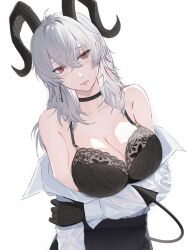 1girl an_(dantelion213) arm_under_breasts bare_shoulders black_bra black_eyes black_gloves black_horns black_tail bra breasts closed_mouth clothes_down collarbone commentary cowboy_shot curled_horns demon_tail gloves grey_hair hair_between_eyes highres holding_own_arm horns large_breasts long_hair looking_at_viewer multicolored_eyes multicolored_hair red_eyes shirt signature simple_background solo streaked_hair tail two-tone_eyes underwear white_background white_shirt wuthering_waves zani_(wuthering_waves)