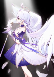 Rule 34 | 1girl, absurdres, angel wings, bare shoulders, black background, breasts, cleavage, closed mouth, collar, commentary, cowboy shot, detached collar, detached sleeves, dress, earrings, feathers, from side, gloves, gokusaishiki (1376145360), green eyes, halo, head wings, highres, holding, holding microphone stand, honkai: star rail, honkai (series), jewel under eye, jewelry, large breasts, oversized wings, layered dress, long hair, looking ahead, microphone, microphone stand, purple collar, purple dress, purple sleeves, robin (honkai: star rail), solo, spotlight, standing, white dress, white feathers, white gloves, white hair, white wings, wings
