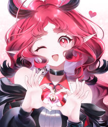 1girl four-finger_heart_hands ;d arknights bare_shoulders black_collar black_hair blush bright_pupils collar diamond-shaped_pupils diamond_(shape) heart heart_hands highres jewelry keyhole locket long_hair long_sleeves looking_at_viewer multicolored_hair nymph_(arknights) one_eye_closed open_mouth own_hands_together pendant pink_eyes pink_hair pointy_ears rinzy smile solo streaked_hair symbol-shaped_pupils upper_body white_pupils