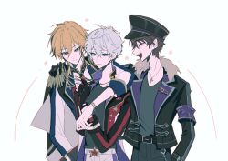 3boys arm_on_another&#039;s_shoulder belt black_belt black_gloves black_hat black_jacket blonde_hair blue_eyes brown_hair chinese_commentary closed_eyes closed_mouth cross cross_necklace ensemble_stars! facing_to_the_side fingerless_gloves fur-trimmed_jacket fur_trim gloves green_eyes grey_hair hakaze_kaoru hand_on_another&#039;s_shoulder hat highres index_finger_raised jacket jewelry morisawa_chiaki multiple_boys necklace open_mouth ppzi567 sena_izumi_(ensemble_stars!) simple_background smile teeth upper_teeth_only white_background