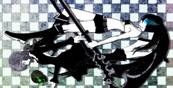 Rule 34 | 2girls, belt, bikini, black dress, black hair, black leggings, black rock shooter, black rock shooter (character), black shorts, boots, dead master, dress, flaming eye, green eyes, leggings, long hair, medium hair, multiple girls, no shirt, pale skin, scar, scythe, shisen, shorts, skull, swimsuit, sword, twintails, uneven twintails, weapon