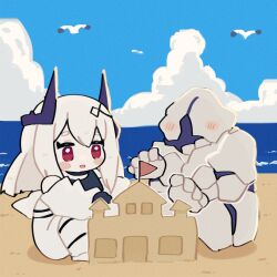 Rule 34 | 1girl, 1other, :o, arknights, beach, bird, black choker, black gloves, black shirt, blue sky, blush, blush stickers, building sand sculpture, chibi, choker, cloud, commentary request, day, demon horns, flag, full body, gloves, hair between eyes, hair ornament, highres, horns, jumpsuit, long hair, mudrock (arknights), mudrock (elite ii) (arknights), mudrock colossus (arknights), ocean, open jumpsuit, open mouth, outdoors, red eyes, rock, sand castle, sand sculpture, seagull, shirt, sky, someyaya, white hair, white jumpsuit