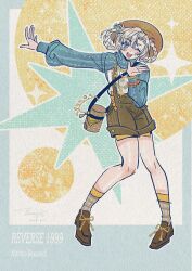 Rule 34 | 1girl, ;d, abingbeey, artist name, bag, blue border, blue eyes, blue shrug, blue sleeves, boater hat, border, braid, braided hair rings, brown bag, brown hat, brown shoes, brown shorts, character name, circle, copyright name, dated, full body, grey background, grey hair, grey socks, hair rings, hand up, hat, highres, jewelry, legs apart, loafers, matilda bouanich, matilda bouanich (the genius&#039;s holiday), medium hair, necklace, official alternate costume, one eye closed, open mouth, outside border, outstretched arm, overall shorts, overalls, paper texture, reverse:1999, shirt, shoes, shorts, shoulder bag, signature, smile, socks, solo, sparkle, standing, white shirt